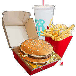 Rule 34 | big mac, burger, cheese, cup, disposable cup, drinking straw, food, food focus, french fries, lettuce, mcdonald&#039;s, no humans, sesame seeds, still life, studiolg, watermark, white background