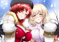 Rule 34 | 2girls, alternate costume, beret, black gloves, blush, breasts, brown hair, coffee cup, commentary, copyright name, cup, disposable cup, english commentary, eyes visible through hair, genshin impact, gloves, green eyes, hat, highres, honkai (series), honkai impact 3rd, large breasts, lion space, lisa (genshin impact), mihoyo, multiple girls, murata himeko, murata himeko (valkyrie triumph), red hair, snow, snowing, sweater, tanaka rie, tree, voice actor connection, white sweater, yellow eyes