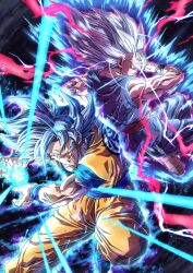 Rule 34 | 2boys, absurdres, angry, arm up, aura, baggy pants, biceps, black wristband, blue eyes, blue hair, blue pants, blue shirt, blue wristband, closed mouth, commentary request, dougi, dragon ball, dragon ball super, dragon ball super super hero, electricity, energy, energy ball, father and son, gohan beast, grey hair, hair between eyes, hands up, highres, looking at viewer, male focus, mocky art, multiple boys, muscular, muscular male, open mouth, orange pants, pants, profile, red eyes, red sash, sash, serious, shirt, short sleeves, sideways glance, son gohan, son goku, spiked hair, super saiyan, super saiyan blue, teeth, tongue, v-shaped eyebrows, wristband