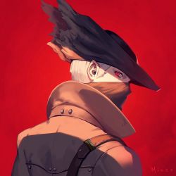 Rule 34 | 1boy, back, black hat, bloodborne, hat, hunter (bloodborne), jiro (ninetysix), looking back, male focus, mask, mouth mask, portrait, red background, red eyes, signature, simple background, solo, upper body, white hair
