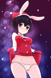 Rule 34 | 1girl, absurdres, animal ears, black hair, blush, brave witches, breasts, groin, hat, highres, large breasts, looking at viewer, navel, open mouth, panties, rabbit ears, rabbit girl, red eyes, santa costume, santa hat, shimohara sadako, short hair, solo, underwear, white panties, world witches series