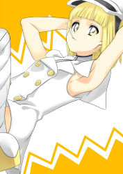 Rule 34 | 1girl, armpits, arms behind head, bleach, blonde hair, bob cut, buttons, hat, liltotto lamperd, looking at viewer, lying, mouth hold, peaked cap, quincy (bleach), short hair, sleeveless, solo, tomboy, turtleneck, uniform, yellow eyes