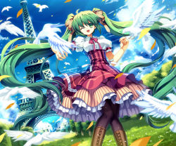 Rule 34 | 1girl, ;d, bird, boots, capura lin, day, eiffel tower, france, frills, green eyes, green hair, hair ribbon, hatsune miku, long hair, matching hair/eyes, one eye closed, open mouth, pantyhose, petals, ribbon, skirt, sky, smile, solo, twintails, very long hair, vocaloid, wink
