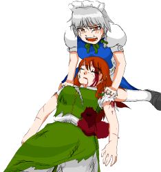 Rule 34 | 2girls, artist request, blood, bruise, cuts, closed eyes, female focus, hong meiling, injury, izayoi sakuya, maid, multiple girls, tears, embodiment of scarlet devil, torn clothes, touhou