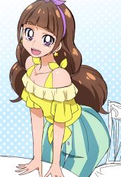 Rule 34 | 1girl, :d, amanogawa kirara, bare shoulders, brown hair, earrings, go! princess precure, hairband, jewelry, long hair, looking at viewer, oimanji, open mouth, precure, purple eyes, shorts, sketch, smile, solo, star (symbol), star earrings, striped clothes, striped shorts, twintails