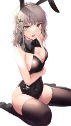Rule 34 | 1girl, absurdres, animal ears, apple ringo, bare arms, bare shoulders, black leotard, black thighhighs, breasts, cleavage, collar, covered navel, detached collar, fake animal ears, frown, grey hair, hair ornament, hairband, hairclip, highres, leotard, looking at viewer, medium breasts, medium hair, navel, no shoes, open mouth, original, playboy bunny, rabbit ears, sidelocks, sitting, skindentation, strapless, strapless leotard, thighhighs, thighs, wariza, yellow eyes