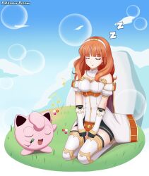 Rule 34 | 1girl, absurdres, bare shoulders, black gloves, blunt bangs, celica (fire emblem), commission, creatures (company), crossover, dress, fire emblem, fire emblem echoes: shadows of valentia, fire emblem gaiden, game freak, gen 1 pokemon, gloves, hairband, headband, highres, jigglypuff, long hair, music, musical note, nintendo, patdarux, pokemon, red hair, seiza, short sleeves, singing, sitting, sky, sleeping, white dress, white hairband, white headband, zzz