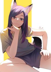 Rule 34 | 1girl, :3, animal ear fluff, animal ears, blush, eden (eden871225), elbow rest, fox ears, fox girl, fox tail, hand on own chin, hand on own thigh, head rest, highres, long hair, looking at viewer, original, parted bangs, purple eyes, purple hair, shirt, short sleeves, shorts, signature, sitting, slit pupils, smile, solo, t-shirt, tail, thick eyebrows