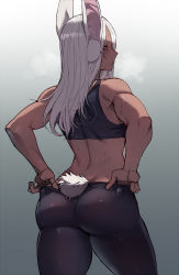 Rule 34 | 1girl, adjusting clothes, after vaginal, aftersex, alternate costume, animal ears, ass, bare shoulders, blush, boku no hero academia, cross-section, dark-skinned female, dark skin, from behind, highres, implied sex, impregnation, long hair, looking at viewer, mirko, pants, parted bangs, rabbit ears, rabbit girl, rabbit tail, ratatatat74, red eyes, see-through, solo, sperm cell, sports bra, sweat, tail, thighs, tight clothes, tight pants, toned, white hair, yoga pants