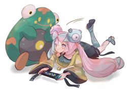 Rule 34 | 1girl, anzu (01010611), aqua hair, bellibolt, boots, character hair ornament, closed mouth, commentary request, creatures (company), game freak, grey footwear, grey pantyhose, grey shirt, hair ornament, handheld game console, highres, holding, holding handheld game console, iono (pokemon), jacket, long hair, lying, motion lines, multicolored hair, nintendo, nintendo switch, on stomach, pantyhose, pink hair, playing games, pokemon, pokemon (creature), pokemon sv, shirt, single leg pantyhose, sleeveless, sleeveless shirt, thigh strap, twintails, two-tone hair, yellow jacket