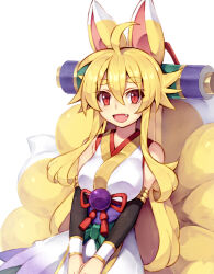 Rule 34 | 1girl, :d, ahoge, animal ears, blonde hair, breasts, dated commentary, fang, fox ears, fox girl, fox tail, hair between eyes, highres, izuna (shinrabanshou), japanese clothes, kitsune, long hair, looking at viewer, medium breasts, multiple tails, open mouth, red eyes, saru 000, shinrabanshou, simple background, slit pupils, smile, solo, tail, thick eyebrows, white background