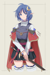 Rule 34 | 1girl, ahoge, artist name, black skirt, blue eyes, blue hair, cape, commentary request, crescent, crescent hair ornament, dated, grey background, hair ornament, highres, holding, holding sword, holding weapon, kichihachi, long sleeves, looking at viewer, pointy ears, red cape, rena lanford, shirt, short hair, simple background, skirt, smile, solo, standing, star ocean, star ocean the second story, sword, thighhighs, thighs, turtleneck, weapon, white shirt, white thighhighs
