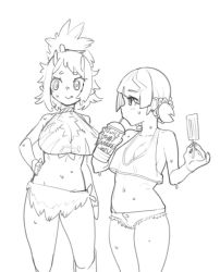 Rule 34 | 2girls, animal print, breasts, cavewoman, cleavage, coqui (virtual youtuber), drinking, fang, female focus, hair up, horns, large breasts, legs, meat (vtuber), medium breasts, meme, midriff, minkye, monochrome, multiple girls, no panties, pointy ears, primitive, scar, scar on face, scar on nose, short hair, sketch, standing, sweat, virtual youtuber