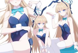 Rule 34 | 1girl, absurdres, animal ears, bare shoulders, blonde hair, blue archive, blue eyes, blue halo, blue leotard, blunt bangs, braid, breasts, closed mouth, collar, detached collar, fake animal ears, halo, highres, hikkio, leotard, long hair, looking at viewer, multiple views, official alternate costume, playboy bunny, rabbit ears, simple background, small breasts, strapless, strapless leotard, thighhighs, toki (blue archive), toki (bunny) (blue archive), white background, white collar, white thighhighs, white wrist cuffs, wrist cuffs