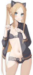 Rule 34 | 1girl, abigail williams (fate), abigail williams (swimsuit foreigner) (fate), absurdres, animal ears, bikini, black bikini, black jacket, blonde hair, blue eyes, blush, braid, braided bun, breasts, cat ears, double bun, fake animal ears, fate/grand order, fate (series), flat chest, forehead, hair bun, highres, jacket, kopaka (karda nui), long hair, long sleeves, looking at viewer, navel, open clothes, open jacket, parted bangs, paw pose, sidelocks, small breasts, solo, swimsuit, thighs, twintails, very long hair