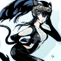 Rule 34 | 1girl, blue eyes, blue hair, breasts, cosplay, dh (brink of memories), gravity daze, highres, kitten (gravity daze), kitten (gravity daze) (cosplay), long hair, looking at viewer, official style, persona, persona 4, shirogane naoto, signature, skin tight, solo, tail