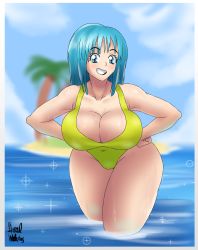 Rule 34 | 1girl, artist request, blue eyes, blue hair, blue sky, breasts, cleavage, cowboy shot, curvy, dragon ball, dragonball z, hands on own hips, highleg, highleg swimsuit, highres, large breasts, lips, long hair, looking to the side, maron (dragon ball), matching hair/eyes, ocean, one-piece swimsuit, simple background, sky, smile, solo, swimsuit, wide hips, yellow one-piece swimsuit
