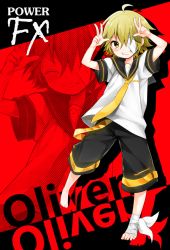 Rule 34 | 1boy, ahoge, bandages, bandage over one eye, barefoot, bass clef, blonde hair, character name, company name, cosplay, closed eyes, full body, grin, hair over one eye, halftone, kagamine len, kagamine len (cosplay), leg warmers, male focus, mizuhoshi taichi, necktie, oliver (vocaloid), sailor collar, shorts, silhouette, smile, smirk, solo, vocaloid, zoom layer