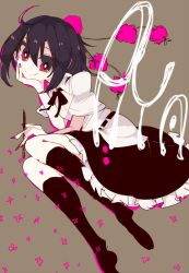 Rule 34 | 1girl, ahoge, belt, black hair, black socks, character name, collared shirt, hat, head rest, kneehighs, looking at viewer, lying, nail polish, neck ribbon, ngayope, on side, outline, pen, pink nails, pointy ears, pom pom (clothes), puffy short sleeves, puffy sleeves, red eyes, ribbon, shameimaru aya, shirt, short hair, short sleeves, skirt, smile, socks, solo, tokin hat, touhou