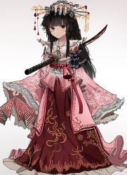 Rule 34 | 1girl, absurdres, black eyes, black hair, blood, bloody weapon, blush, closed mouth, frilled skirt, frilled sleeves, frills, highres, houraisan kaguya, katana, long hair, ougiikun, pink shirt, red skirt, shirt, simple background, skirt, sleeves past fingers, sleeves past wrists, solo, sword, touhou, weapon, white background, wide sleeves