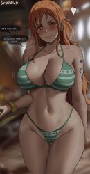 Rule 34 | 1girl, absurdres, arm tattoo, bikini, blush, breasts, brown eyes, curvy, earrings, english text, green bikini, heart, highleg, highleg bikini, highres, indoors, jewelry, large breasts, log pose, long hair, looking at viewer, midriff, nami (one piece), navel, one piece, orange eyes, orange hair, oroborus, pearl earrings, shoulder tattoo, smile, solo, speech bubble, stomach, striped bikini, striped clothes, swimsuit, tattoo, thigh gap, thighs, thong, thong bikini, very long hair, wide hips