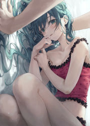 Rule 34 | 1girl, 1other, aqua eyes, aqua hair, bare arms, bare shoulders, breasts, chemise, cleavage, frills, hair down, hair spread out, hatsune miku, highres, long hair, looking at viewer, lying, messy hair, midriff, on side, open mouth, polka dot, r o ha, romeo to cinderella (vocaloid), small breasts, solo focus, strap slip, thighs, vocaloid