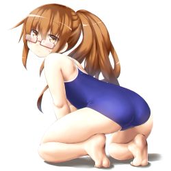 Rule 34 | 1girl, alternate costume, ass, back, bare arms, bare legs, bare shoulders, blush, brown hair, closed mouth, commentary request, competition school swimsuit, dd (ijigendd), from behind, full body, glasses, hair between eyes, halterneck, highres, kantai collection, kneeling, long hair, looking at viewer, looking back, mochizuki (kancolle), one-piece swimsuit, ponytail, red-framed eyewear, school swimsuit, semi-rimless eyewear, simple background, solo, sweatdrop, swimsuit, under-rim eyewear, white background