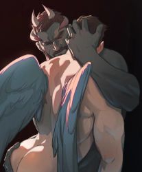 Rule 34 | 2boys, abs, angel wings, apostlxiii, ass grab, bara, beard, biting, brown hair, colored skin, completely nude, demon boy, demon horns, facial hair, feathered wings, green skin, halloween, hand on another&#039;s head, highres, horns, male focus, multiple boys, muscular, navel, nipples, nude, oni horns, original, pectorals, short hair, uncensored, wings, yaoi