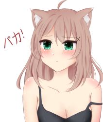 Rule 34 | 1girl, absurdres, ahoge, animal ears, bare shoulders, black tank top, blush, breasts, brown hair, cat ears, cat girl, cleavage, clumsy, flustered, green eyes, hair ornament, hairclip, highres, himeichi, medium breasts, messy hair, original, shy, solo, strap slip, tank top, upper body