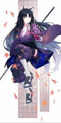 Rule 34 | 1girl, animal ears, arknights, autumn leaves, beads, black hair, brown eyes, chinese commentary, cigarette p, commentary request, dog ears, geta, hand up, highres, japanese clothes, kimono, knee pads, leaf, long hair, looking at viewer, pants, parted lips, prayer beads, purple kimono, purple pants, saga (arknights), socks, solo, very long hair, white background, white socks