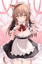 Rule 34 | 1girl, animal ear fluff, animal ears, apron, blush, bow, bowtie, breasts, brown hair, cat ears, cat tail, cleavage, detached collar, frills, hair between eyes, hair ribbon, highres, kinona, large breasts, long bangs, long hair, looking at viewer, maid, maid apron, maid headdress, on bed, open mouth, original, paw pose, pillow, ribbon, seiza, short sleeves, sitting, solo, sweatdrop, tail, wristband, yellow eyes