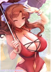 Rule 34 | 1girl, absurdres, akino (princess connect!), beach, bow, breasts, cleavage, clothing cutout, collarbone, dated, hair bow, highres, holding, holding umbrella, large breasts, long hair, navel cutout, one-piece swimsuit, outdoors, parasol, pendant collar, princess connect!, red hair, red one-piece swimsuit, rururugegegege, solo, swimsuit, twitter username, umbrella