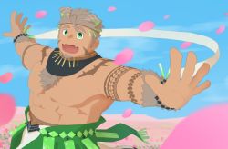 Rule 34 | 1boy, :d, abs, animal ears, bad hands, bara, blush, body fur, cherry blossoms, chest hair, cowboy shot, dog boy, dog ears, facial hair, falling petals, fangs, foreshortening, goatee, gomeisa (live a hero), green eyes, grey hair, hair strand, happy, large pectorals, live a hero, long sideburns, looking at viewer, male focus, muscular, muscular male, no nipples, open mouth, pectorals, pelvic curtain, petals, short hair, sideburns, smile, solo, stomach, tattoo, topless male, torakku (toratruck9), tribal, tribal tattoo