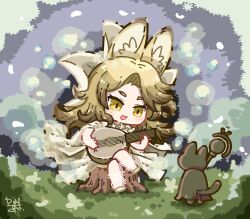 Rule 34 | 1girl, animal, animal ear fluff, animal ears, arknights, black cat, blonde hair, blue background, cat, chibi, commentary, dog-san, dress, english commentary, full body, grass, highres, holding, holding instrument, instrument, long hair, looking at viewer, music, open mouth, outdoors, playing instrument, quercus (arknights), quercus (the bard&#039;s tale) (arknights), signature, smile, tree stump, white dress, yellow eyes