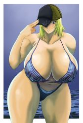 Rule 34 | bikini, blonde hair, blue eyes, breasts, dead or alive, hat, huge breasts, ocean, plump, signal-green, simple background, swimsuit, tecmo, thick thighs, thighs, tina armstrong