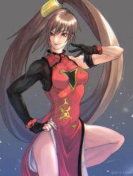 Rule 34 | 1girl, arc system works, artist name, bare shoulders, breasts, brown eyes, brown hair, china dress, chinese clothes, closed mouth, commentary, dress, fingerless gloves, gloves, gradient background, grey background, guilty gear, guilty gear strive, hair ornament, hand on own hip, highres, kuradoberi jam, lips, long hair, looking at viewer, medium breasts, signature, simple background, smile, solo, thighs, tsuna (akmu8832), very long hair