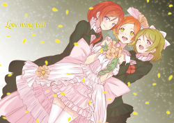 Rule 34 | 10s, 3girls, :d, ;d, alpha (smashbox), blush, boutonniere, brown hair, dress, earrings, english text, flower, formal, girl sandwich, gloves, happy, hoshizora rin, jewelry, koizumi hanayo, long hair, long sleeves, looking at viewer, love live!, love live! school idol project, love wing bell, multiple girls, nishikino maki, one eye closed, open mouth, orange hair, petals, purple eyes, red eyes, sandwiched, short hair, smile, song name, suit, tears, thighhighs, white dress, white gloves, white legwear, wink, yellow eyes