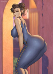 Rule 34 | 1girl, ass, bare arms, bare shoulders, breasts, brown eyes, brown hair, capcom, chinese (nationality), chun-li, curvy, double bun, flowerxl, hair bun, huge ass, large breasts, legs, outdoors, sideboob, solo, street fighter, thick thighs, thighs, wide hips