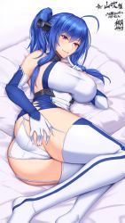Rule 34 | 1girl, ahoge, akitsuki karasu, argyle, argyle clothes, argyle cutout, ass, azur lane, bare shoulders, blue dress, blue hair, blush, breasts, butt crack, buttons, closed mouth, clothing cutout, collar, commentary request, commission, dress, elbow gloves, finger to mouth, garter straps, gloves, hair between eyes, hair ornament, highres, index finger raised, large breasts, legs, long hair, looking at viewer, lying, metal collar, on side, panties, purple eyes, short dress, side ponytail, sidelocks, silver dress, skeb commission, smile, st. louis (azur lane), thighhighs, thighs, underwear, white dress, white gloves, white panties, white thighhighs