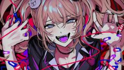 Rule 34 | 1girl, bandaid, bear hair ornament, black bra, black choker, black nails, black shirt, bow, bra, breasts, choker, colored tongue, danganronpa: trigger happy havoc, danganronpa (series), enoshima junko, fangs, hair between eyes, hair ornament, hands up, heart, heart-shaped pupils, highres, holding, holding scissors, large breasts, looking at viewer, muuyiie, nail polish, open mouth, pink background, portrait, purple tongue, red bow, scissors, shirt, smile, solo, symbol-shaped pupils, teeth, twintails, underwear