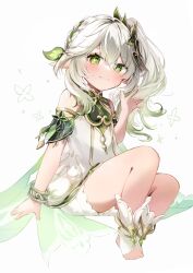 Rule 34 | 1girl, barefoot, bloomers, bracelet, braid, cape, commentary request, crown braid, detached sleeves, dress, genshin impact, gradient hair, green cape, green eyes, hair between eyes, hair ornament, highres, jewelry, leaf hair ornament, long hair, looking at viewer, multicolored hair, nahida (genshin impact), pointy ears, short sleeves, side ponytail, sidelocks, simple background, single braid, sitting, smile, solo, stirrup legwear, streaked hair, symbol-shaped pupils, toeless legwear, toes, two-tone hair, underwear, watanai72, waving, white background, white bloomers, white dress, white hair