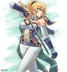 Rule 34 | azzypics, bare shoulders, blonde hair, blue capelet, blue eyes, blue gloves, bow, capelet, coattails, earrings, genshin impact, gloves, highres, holding, holding sword, holding weapon, jean (genshin impact), jewelry, looking to the side, pants, ponytail, solo, strapless, sword, tight clothes, tight pants, tube top, weapon