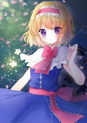 Rule 34 | 1girl, alice margatroid, blonde hair, blue dress, blush, bow, bowtie, capelet, commentary, cowboy shot, doko ka no hosono, dress, flower, frilled capelet, frilled hairband, frilled neckwear, frills, hair between eyes, hairband, highres, looking at viewer, open mouth, petals, pink bow, pink bowtie, pink hairband, pink sash, purple eyes, red bow, red bowtie, sash, short hair, sleeveless, sleeveless dress, solo, string, touhou, white capelet, white flower