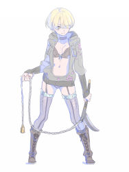 Rule 34 | 1girl, blonde hair, boots, bra, breasts, brown footwear, choker, closed mouth, contrapposto, cross-laced footwear, enkyo yuuichirou, eyes visible through hair, female focus, full body, garter straps, grey thighhighs, hair over one eye, highres, hisho collection, holding, holding weapon, hood, hood down, hooded jacket, jacket, legs apart, looking to the side, navel, one eye covered, open clothes, open jacket, original, panties, purple choker, purple panties, simple background, smile, solo, spread legs, standing, thighhighs, underwear, weapon, white background, yellow eyes