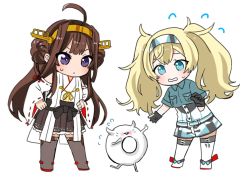 Rule 34 | 2girls, ahoge, blonde hair, blue eyes, breast pocket, brown hair, chibi, closed mouth, detached sleeves, double bun, enemy lifebuoy (kancolle), flying sweatdrops, gambier bay (kancolle), hair bun, hairband, hands on own hips, headgear, kantai collection, kongou (kancolle), long hair, machi (ritovoyage), multiple girls, nontraditional miko, open mouth, pleated skirt, pocket, purple eyes, ribbon-trimmed sleeves, ribbon trim, shorts, simple background, skirt, standing, sweat, thighhighs, twintails, white background, wide sleeves