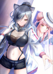 Rule 34 | 2girls, :o, absurdres, animal ears, arknights, bag, black scarf, black shorts, blue feathers, blunt bangs, bow, breasts, cat ears, ceylon (arknights), cleavage, closed mouth, commentary request, cowboy shot, crop top, dress, feathers, hair between eyes, hat, hat bow, highres, holding, holding bag, jacket, large breasts, long hair, looking at viewer, midriff, multiple girls, navel, open clothes, open jacket, pink hair, ponytail, scarf, schwarz (arknights), short shorts, shorts, shoulder bag, sidelocks, silver hair, sopranino, standing, underbust, white dress, white headwear, white jacket, yellow eyes