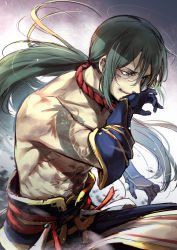 Rule 34 | 1boy, dragon tattoo, fate/grand order, fate (series), from side, gauntlets, green eyes, green hair, grin, hair between eyes, long hair, male focus, ponytail, sash, topless male, smile, solo, tattoo, umakuchi shouyu, very long hair, wiping mouth, yan qing (fate)