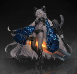 Rule 34 | 1girl, absurdres, arbiter strength viii (azur lane), azur lane, black footwear, black shirt, black shorts, black thighhighs, breasts, chain, claws, closed mouth, commission, dark-skinned female, dark skin, full body, gorget, grey hair, hair between eyes, headgear, highres, holding, holding sword, holding weapon, huge weapon, kreuzer 00, long hair, looking at viewer, mechanical arms, medium breasts, reflection, scar, scar on leg, scar on stomach, shirt, shorts, signature, single thighhigh, siren (azur lane), solo, standing, sword, thighhighs, torn clothes, torn shirt, underboob, very long hair, weapon, yellow eyes
