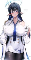 Rule 34 | ..., 1girl, bags under eyes, black hair, black pantyhose, blue archive, blue eyes, blue hair, blue necktie, blush, breasts, coat, collarbone, cowboy shot, cup, dress, giga-tera, glasses, halo, hand in pocket, highres, holding, holding cup, huge breasts, jacket, large breasts, logo, long hair, looking at viewer, multicolored hair, necktie, pantyhose, pointy ears, rimless eyewear, rin (blue archive), simple background, single bare shoulder, solo, straight hair, torn clothes, torn pantyhose, two-tone hair, very long hair, white background, white coat, white dress, white jacket