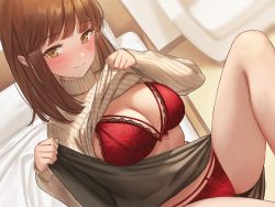 Rule 34 | 1girl, bed frame, blush, bra, breasts, brown hair, brown skirt, cleavage, closed mouth, clothes lift, dutch angle, grey sweater, indoors, jfjf, knee up, lace, lace-trimmed bra, lace trim, large breasts, lifting own clothes, lingerie, long hair, long sleeves, looking at viewer, on bed, original, panties, pillow, red bra, red panties, resolution mismatch, sitting, skirt, skirt lift, sleeves past wrists, smile, solo, source smaller, sweater, sweater lift, underwear, yellow eyes